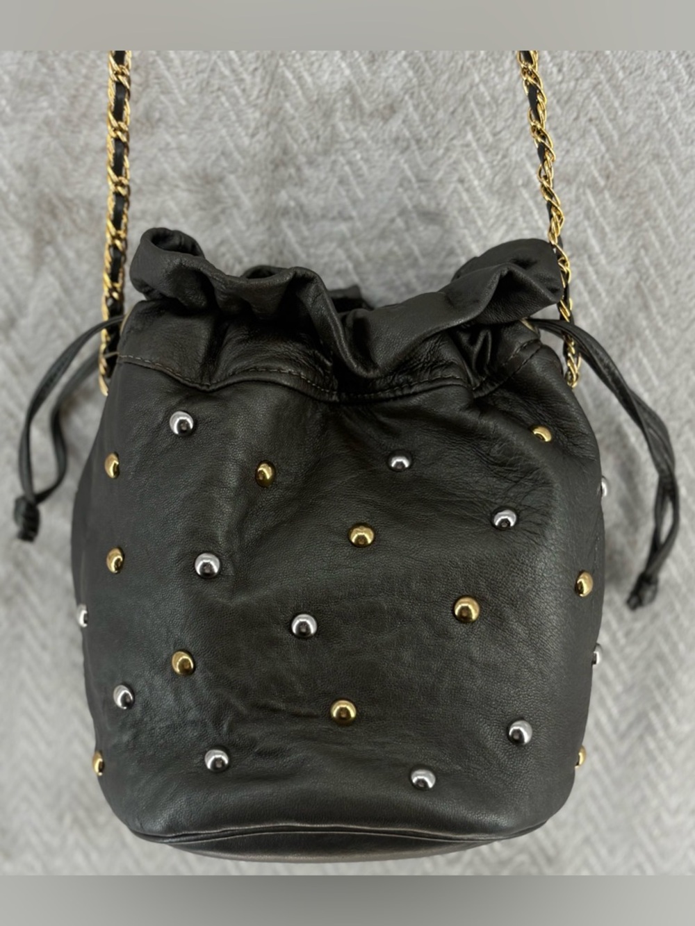 Edgy Vintage L.J. Simone New York Leather Studded Bucket Bag-Olive Toned